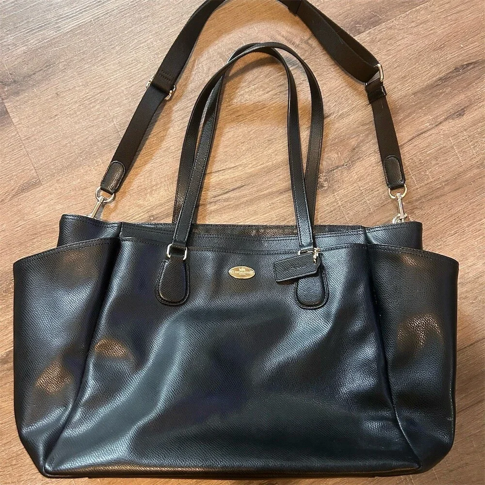 Coach Tote Bag Womens Large Black Pebbled Leather Zip Detachable Strap